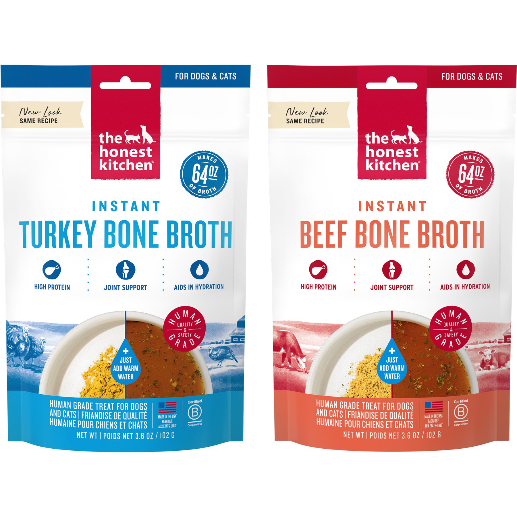 The Honest Kitchen Daily Boosters Beef Bone Broth + Daily Boosters Turkey Bone Broth with Turmeric for Dogs