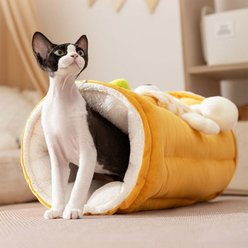 HappyCare Textiles Cozy Warm Fluffy Cordurory Plush Bolster Cat Tunnel Bed, Yellow, 22 x 10 x 10-in