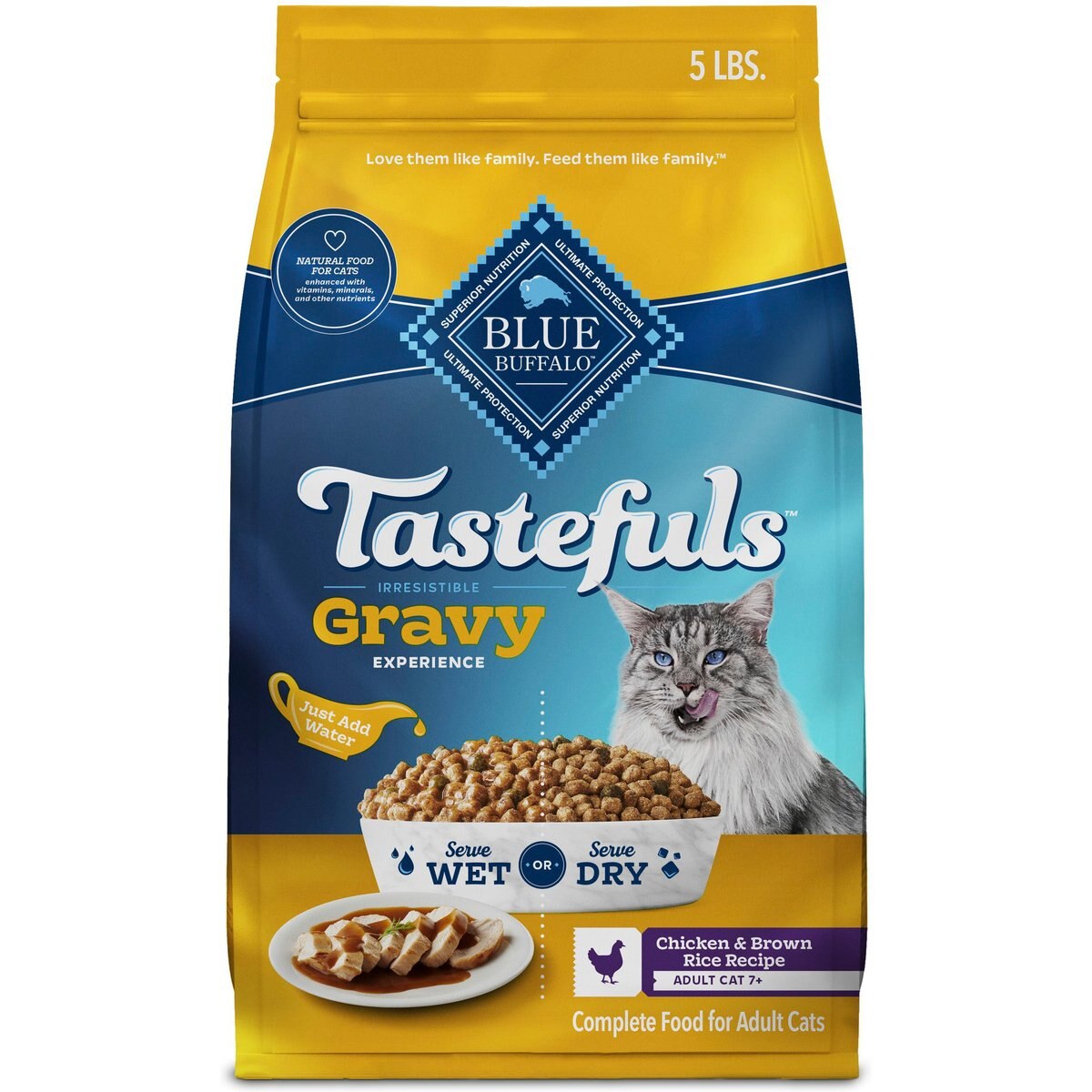 Blue Buffalo Tastefuls Irresistible Gravy Experience Adult 7+ Chicken & Brown Rice Recipe Dry Cat Food, 5-lb bag