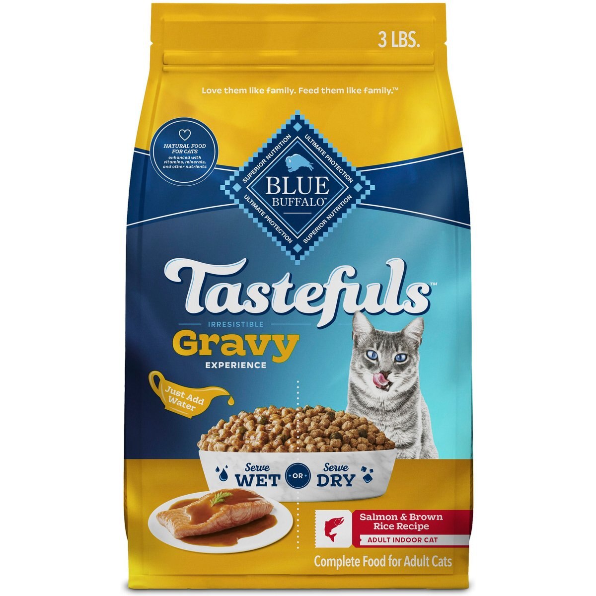 Blue Buffalo Tastefuls Irresistible Gravy Experience Adult Indoor Salmon & Brown Rice Recipe Dry Cat Food, 3-lb bag