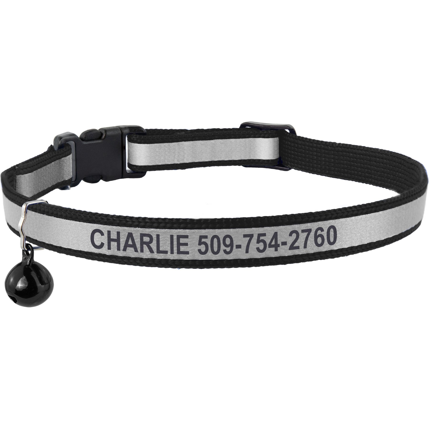 GoTags Personalized Engraved Reflective Nylon Breakaway Cat ID Collar with Bell, Midnight Black, 8 to 12-in neck, 1/2-in wide