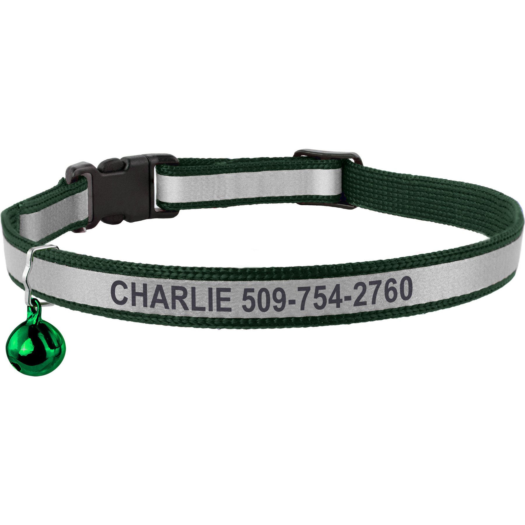 GoTags Personalized Engraved Reflective Nylon Breakaway Cat ID Collar with Bell, Forest Green, 8 to 12-in neck, 1/2-in wide