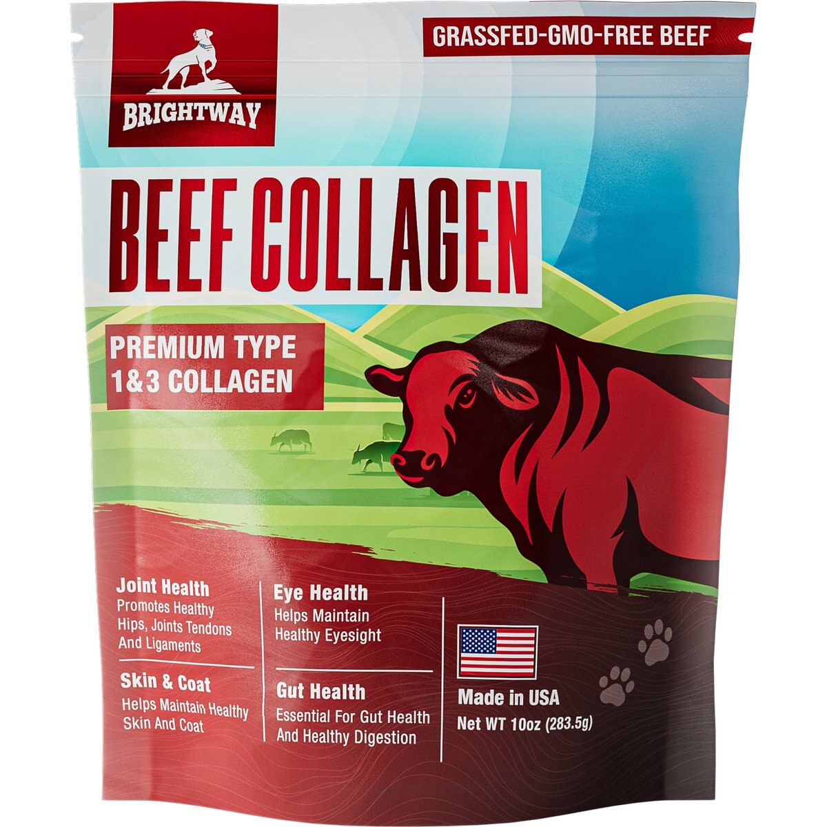 Brightway Pets Grassfed Collagen Gut health & Overall Vitality Powder Supplement Food Topper for Dogs, 10-oz bag