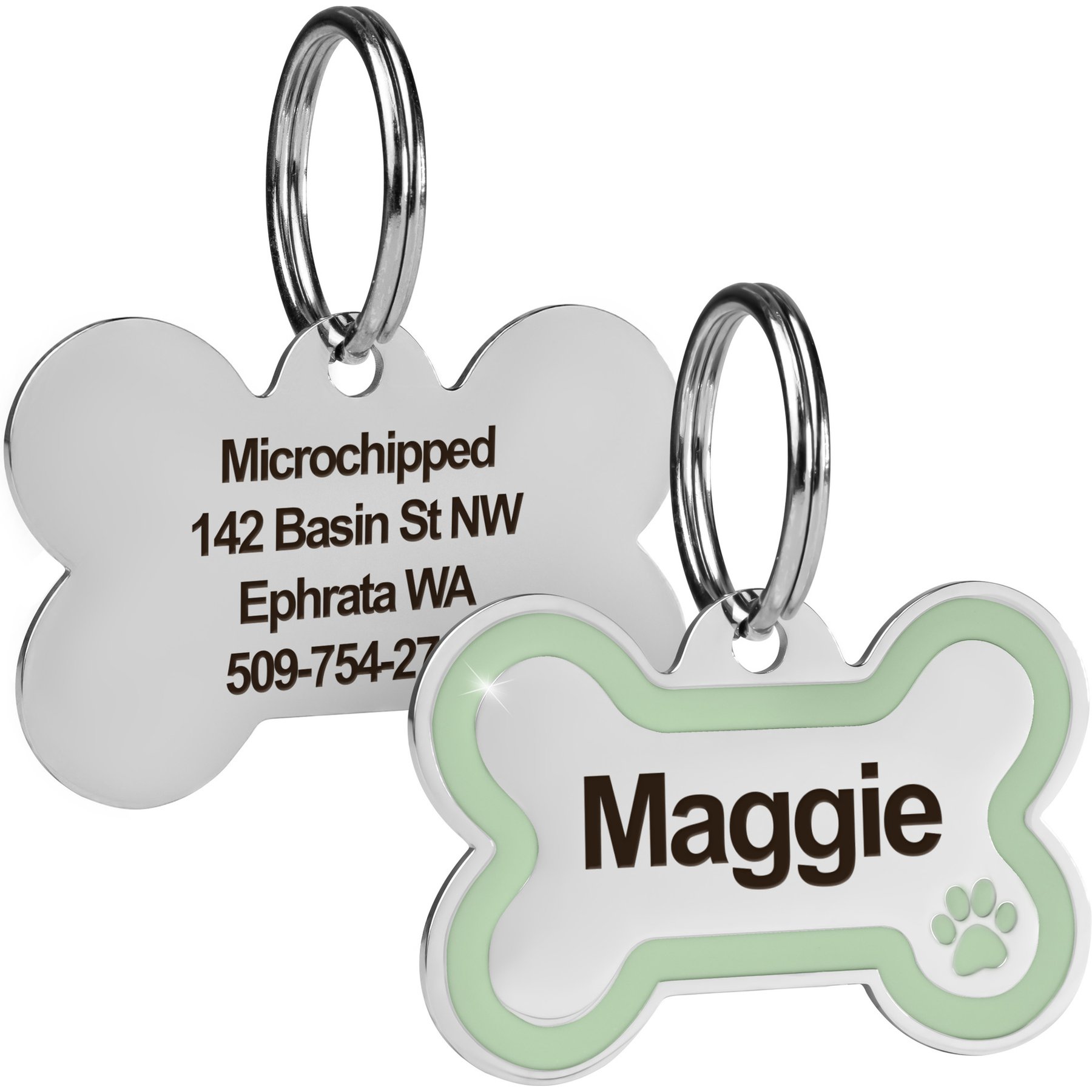 GoTags Personalized Engraved Bone Shaped with Enamel Paw Dog & Cat ID Tag, Moss, Small