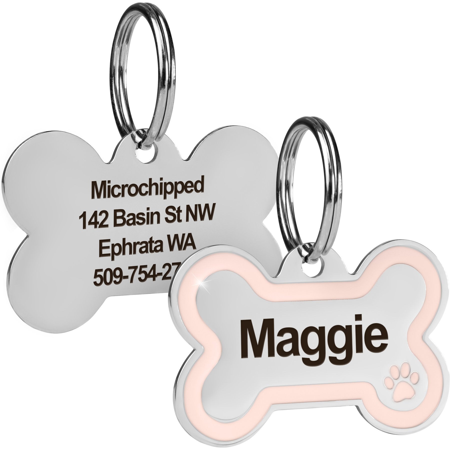 GoTags Personalized Engraved Bone Shaped with Enamel Paw Dog & Cat ID Tag, Peach, Small