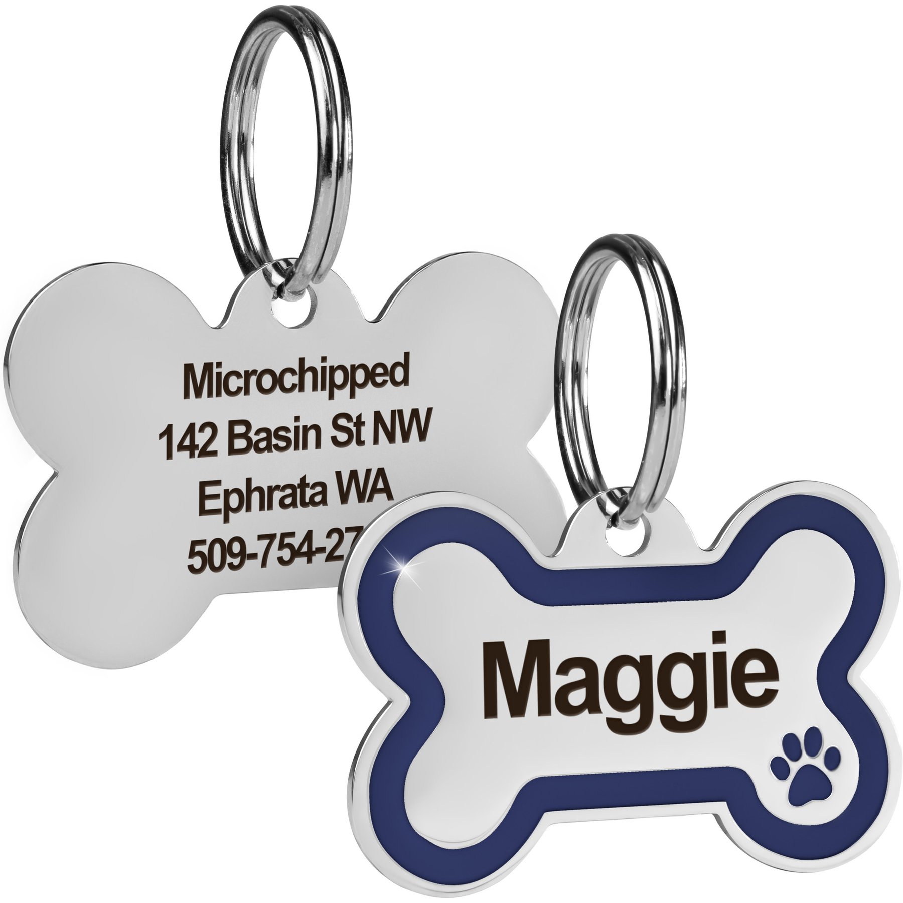GoTags Personalized Engraved Bone Shaped with Enamel Paw Dog & Cat ID Tag, Cobalt, Small