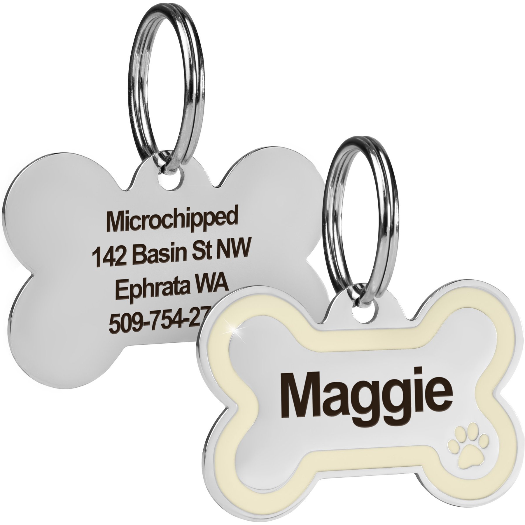 GoTags Personalized Engraved Bone Shaped with Enamel Paw Dog & Cat ID Tag, Oatmeal, Small
