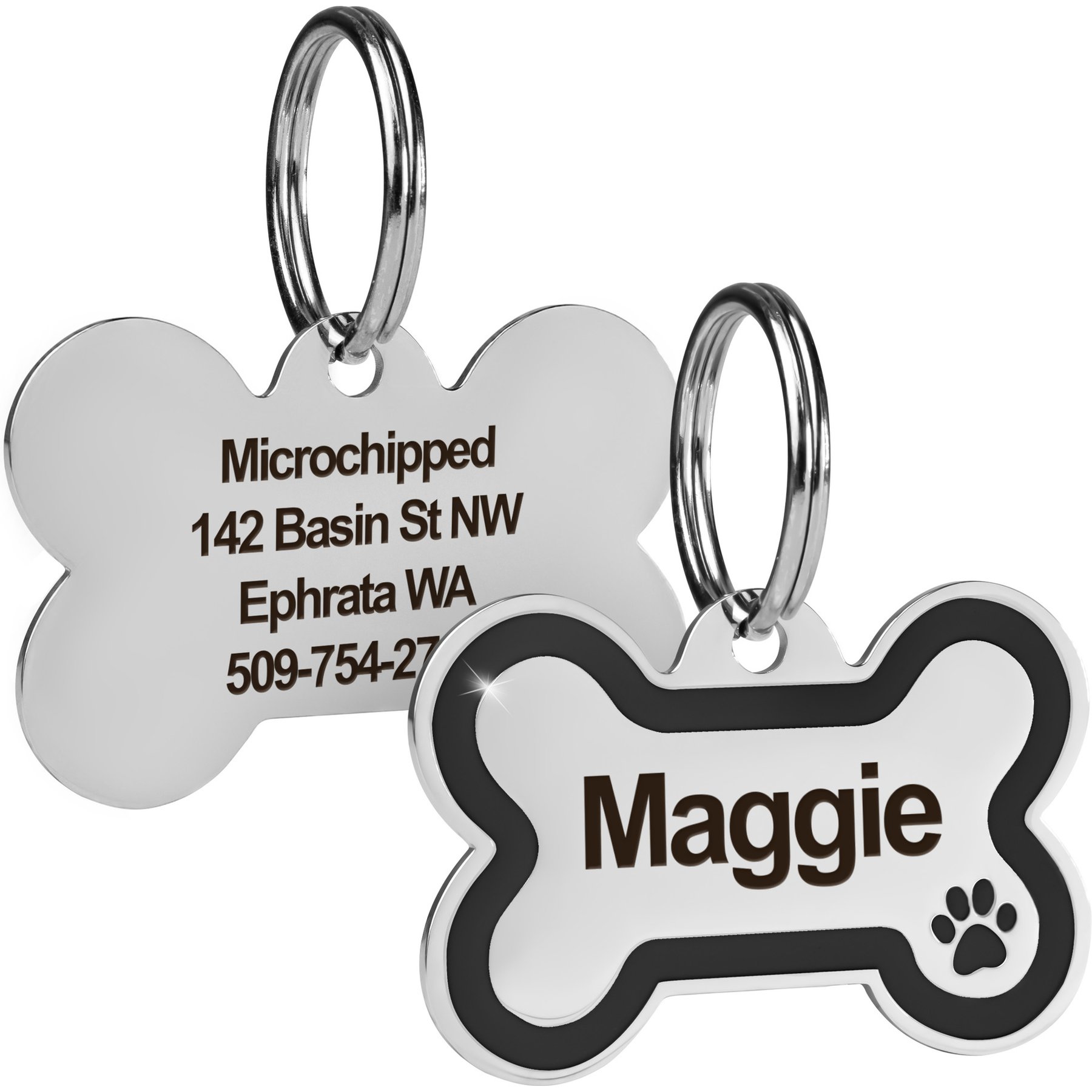 GoTags Personalized Engraved Bone Shaped with Enamel Paw Dog & Cat ID Tag, Ash, Small