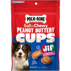 Milk-Bone Peanut Buttery Cups with Jif Peanut Butter & Real Bacon Soft & Chewy Dog Treats, 11.8-oz bag