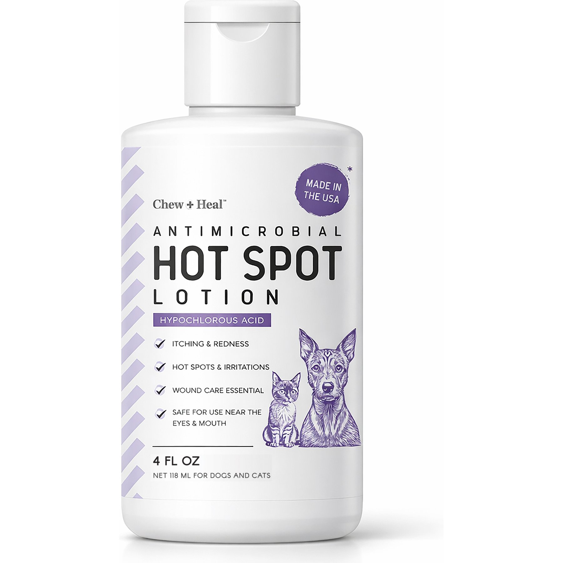 Chew + Heal Antimicrobial Hot Spots & Skin Infection Hypochlorous Acid Lotion for Dogs & Cats Wound Care, 4-fl oz