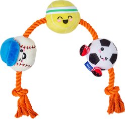Frisco Sports Baseball, Tennis & Soccer Plush with Rope Squeaky Dog Toy, Medium/Large