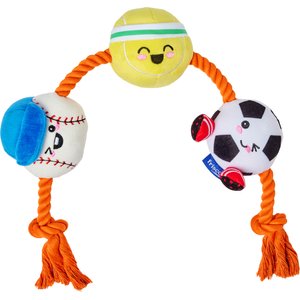 Frisco Sports Baseball, Tennis & Soccer Plush with Rope Squeaky Dog Toy, Medium/Large
