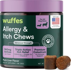 Wuffes Allergy & Itch Relief with Colostrum, Vitamin E & Omega-3 Pork Liver Flavored Soft Chew Supplement for Dogs, 60 count