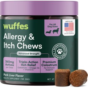 Wuffes Allergy & Itch Relief with Colostrum, Vitamin E & Omega-3 Pork Liver Flavored Soft Chew Supplement for Dogs, 60 count
