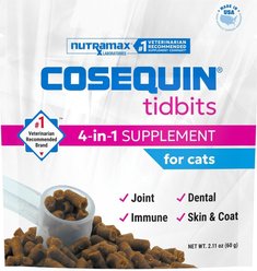 Nutramax Cosequin Tidbits 4-in-1 Joint & Dental Health Immune Support Skin & Coat Health with Glucosamine, Chondroitin & Omega3s Supplement for Cats, 60-g