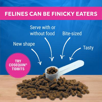 Show full view: Nutramax Cosequin Tidbits 4-in-1 Joint & Dental Health Immune Support Skin & Coat Health with Glucosamine, Chondroitin & Omega3s Supplement for Cats, 60-g slide 4 of 12