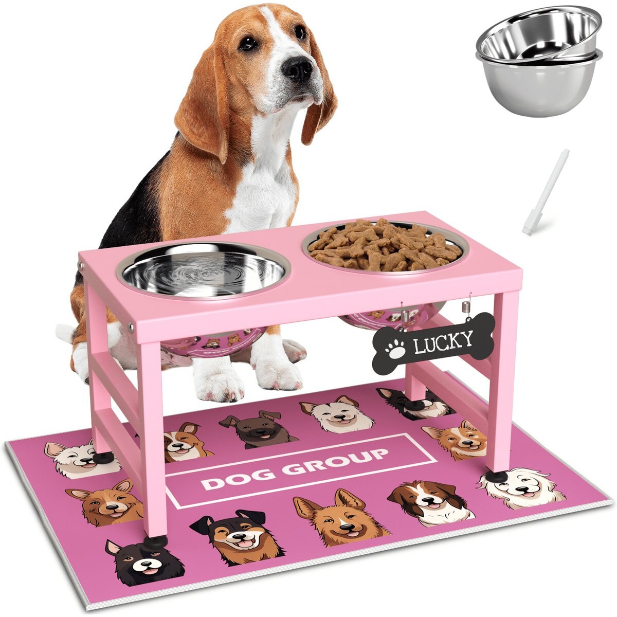 ADENGL Height 10-in Elevated Metal Dog Bowl Set with Waterproof Mat, Pink, Medium: 7-cup, 2 count