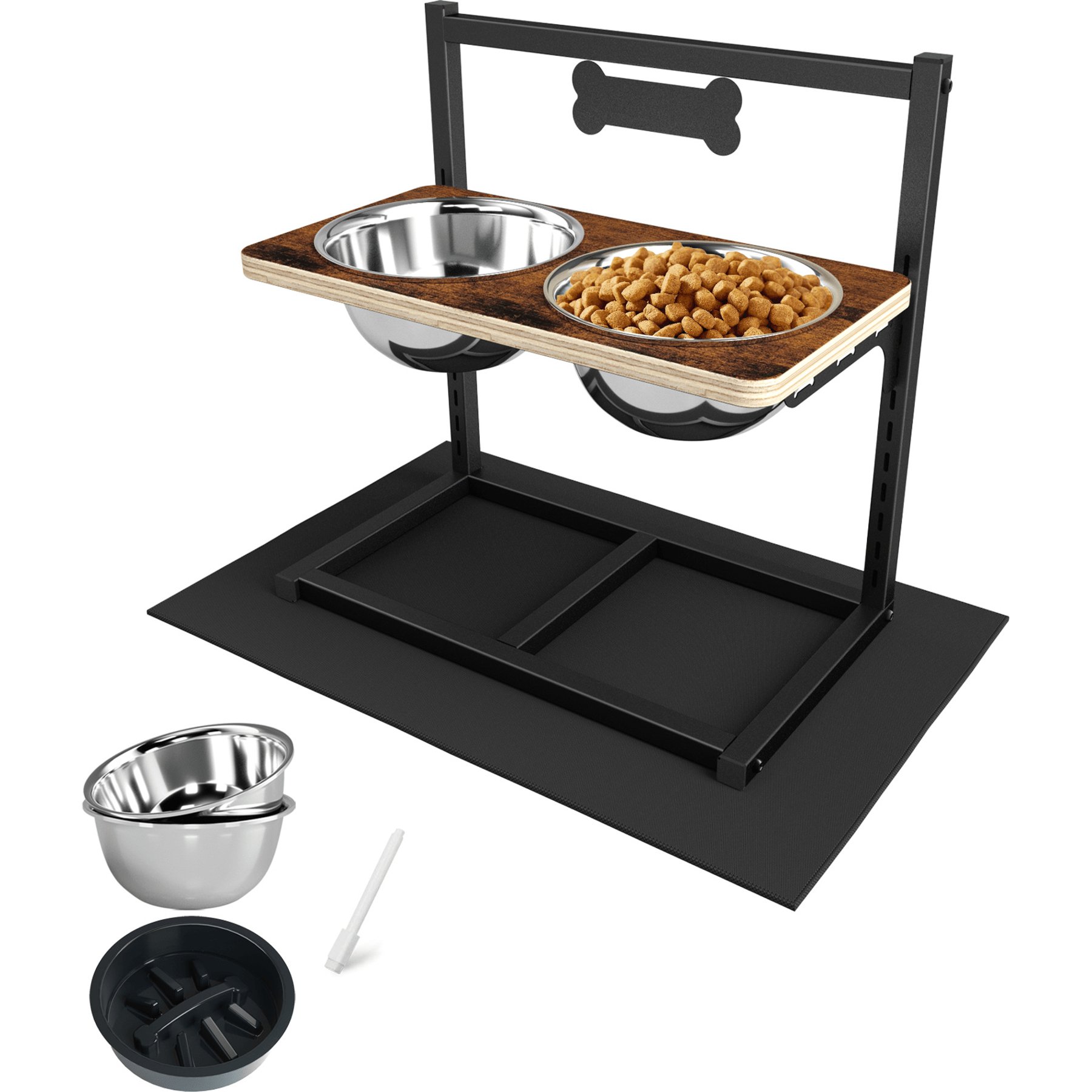 ADENGL 9-Height-Adjustable Raised Wooden & Iron Frame Dog Bowl Set with Slow feeder, Black, Medium: 7-cup