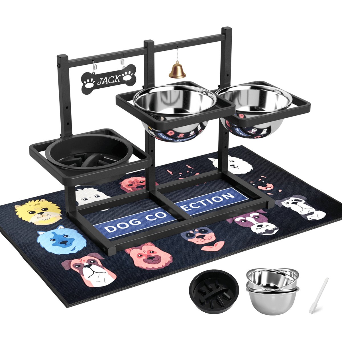 ADENGL 6-Height-Adjustable Raised Metal Bowl Set with Waterproof Mat, Black, Large: 7-cup, 4 count