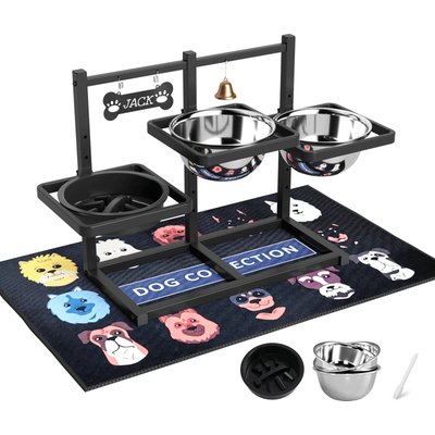 ADENGL ADENGL 6-Height-Adjustable Raised Metal Bowl Set with Waterproof Mat, Black, Large: 7-cup, 4 count