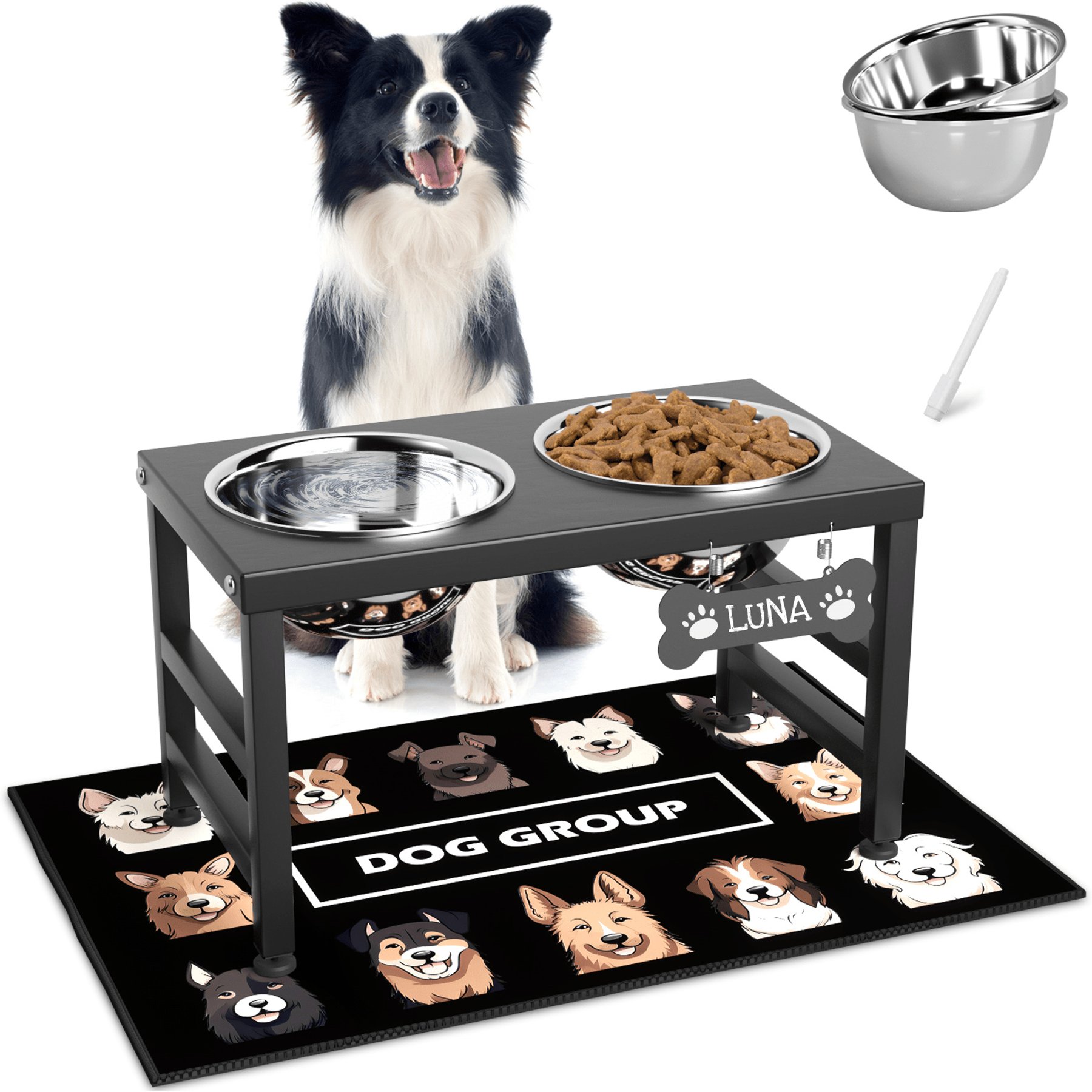 ADENGL 10-in Height Elevated Non-Skid Metal Dog Bowl Set with Waterproof Mat, Black, Medium: 7-cup
