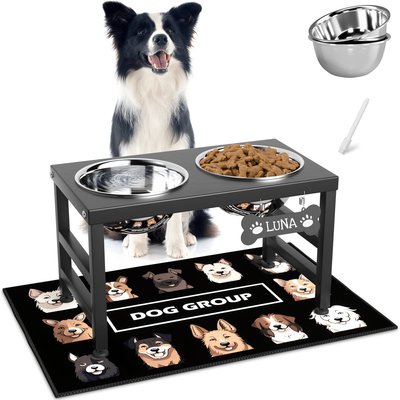 ADENGL ADENGL 10-in Height Elevated Non-Skid Metal Dog Bowl Set with Waterproof Mat, Black, Medium: 7-cup, 2 count