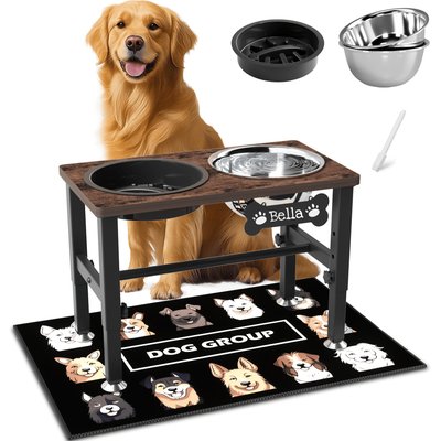 ADENGL ADENGL 3-Height-Adjustable Elevated Non-skid Wooden Panel Metal Base Dog Bowls Set with Waterproof Mat, Black, Large: 7-cup, 3 count