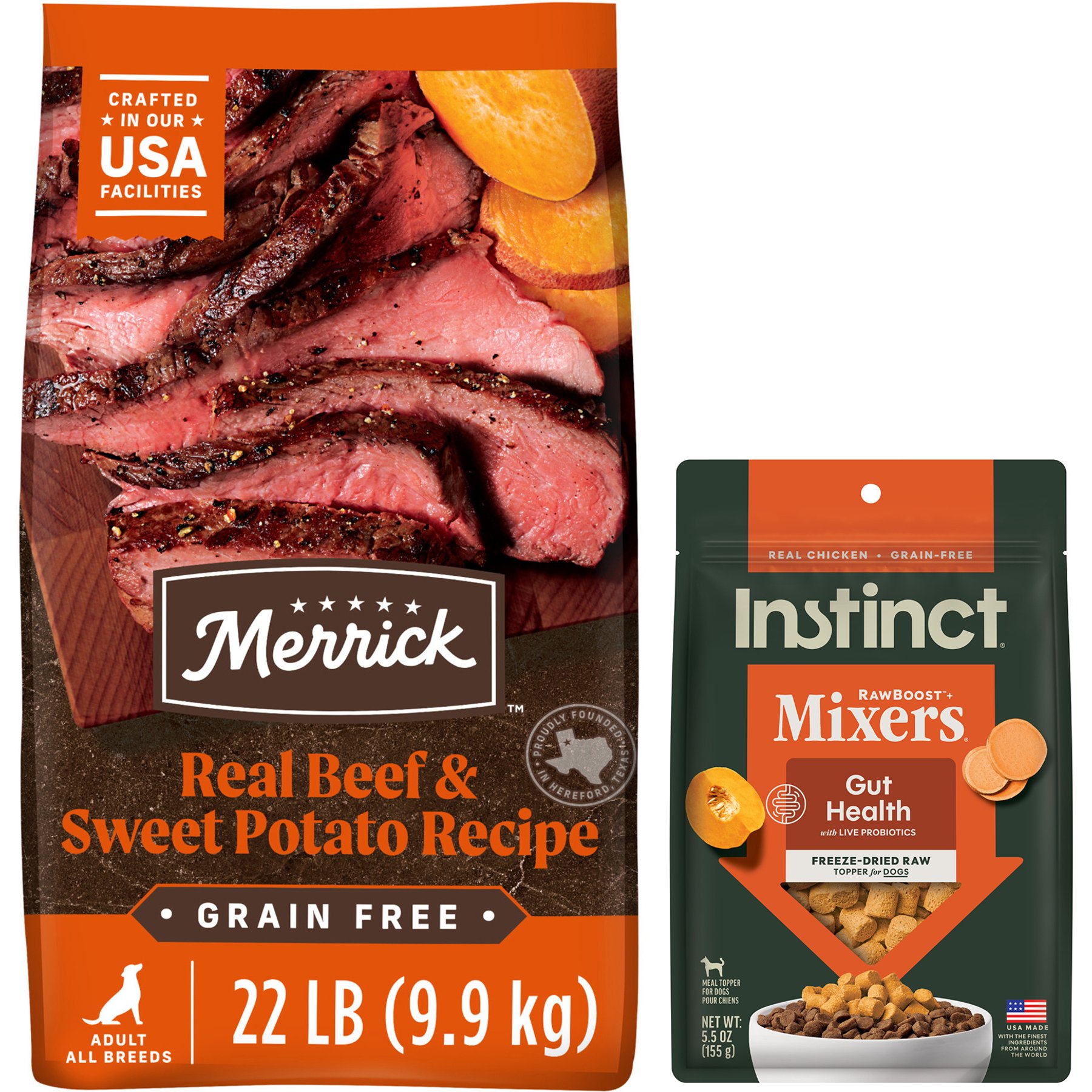 Merrick Real Texas Beef + Sweet Potato Recipe Grain-Free Adult Dry Food + Instinct Freeze-Dried Raw Boost Mixers Grain-Free Gut Health Recipe Dog Food Topper