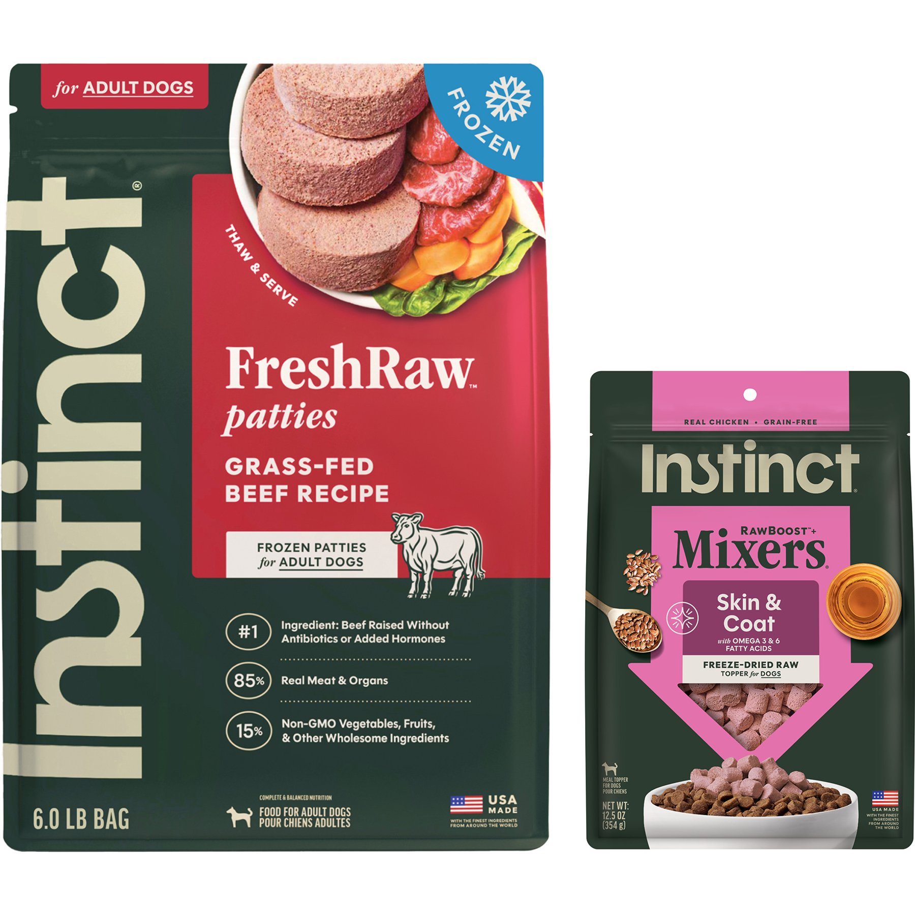 Instinct Frozen Raw Patties Real Beef Recipe Food + Freeze-Dried Raw Boost Mixers Skin & Coat Health Recipe Dog Food Topper