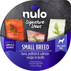 Nulo Signature Stews Grain-Free Tuna, Pollock & Salmon in Broth Small Breed Wet Dog Food, 2.8-oz cup, case of 24
