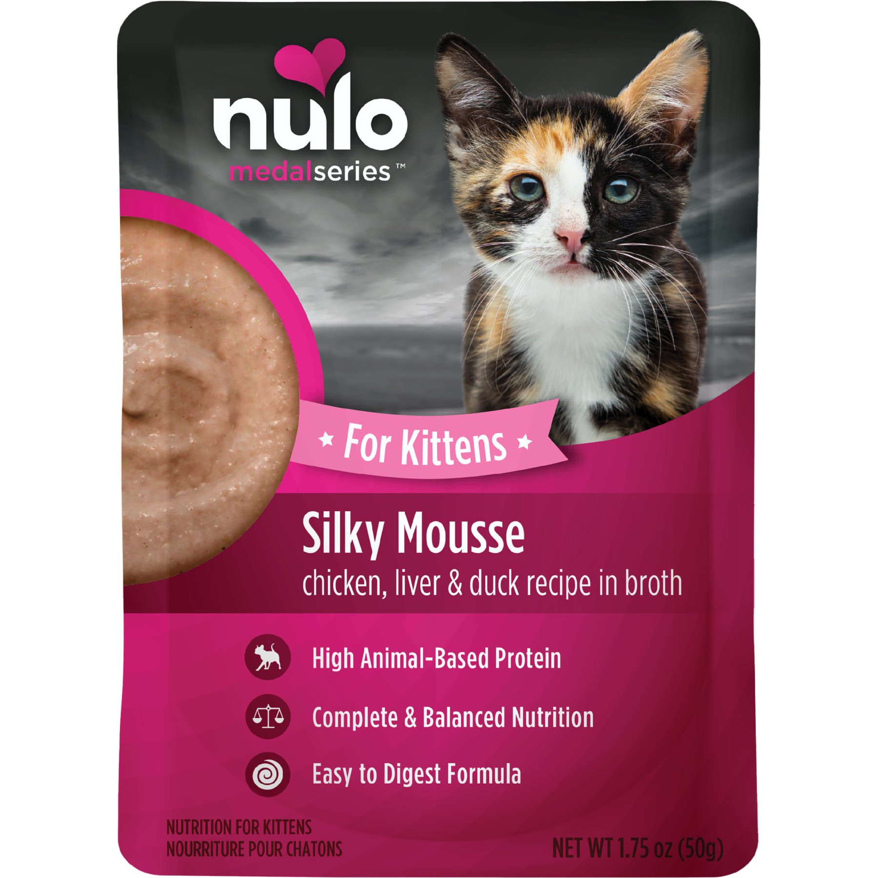 Nulo Silky Mousse Kitten Chicken, Liver & Duck Recipe in Broth Wet Cat Food, 1.75-oz pouch, case of 12