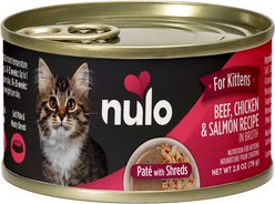 Nulo Paté with Shreds Beef, Chicken & Salmon Recipe Wet Kitten Food, 2.8-oz can, case of 12