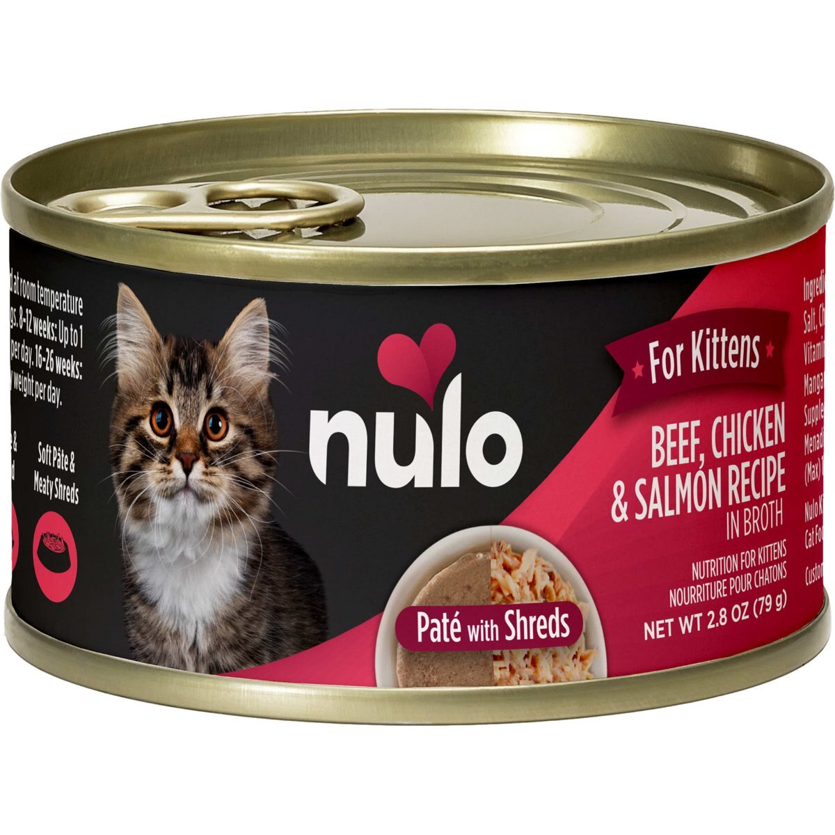 Nulo Paté with Shreds Beef, Chicken & Salmon Recipe Wet Kitten Food, 2.8-oz can, case of 12