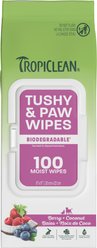 TropiClean Berry + Coconut Tushy & Paw Wipes for Dogs & Cats, 100 count