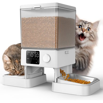 OneIsAll OneIsAll Stainless Steel Automatic Two Bowl Cat Feeder, White, 20-cup