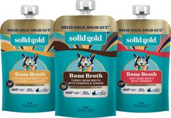 Variety Pack - Solid Gold Turkey Bone Broth with Pumpkin & Ginger Dog Food Topper, Chicken with Lavender & Chamomile & Beef with Turmeric Flavors