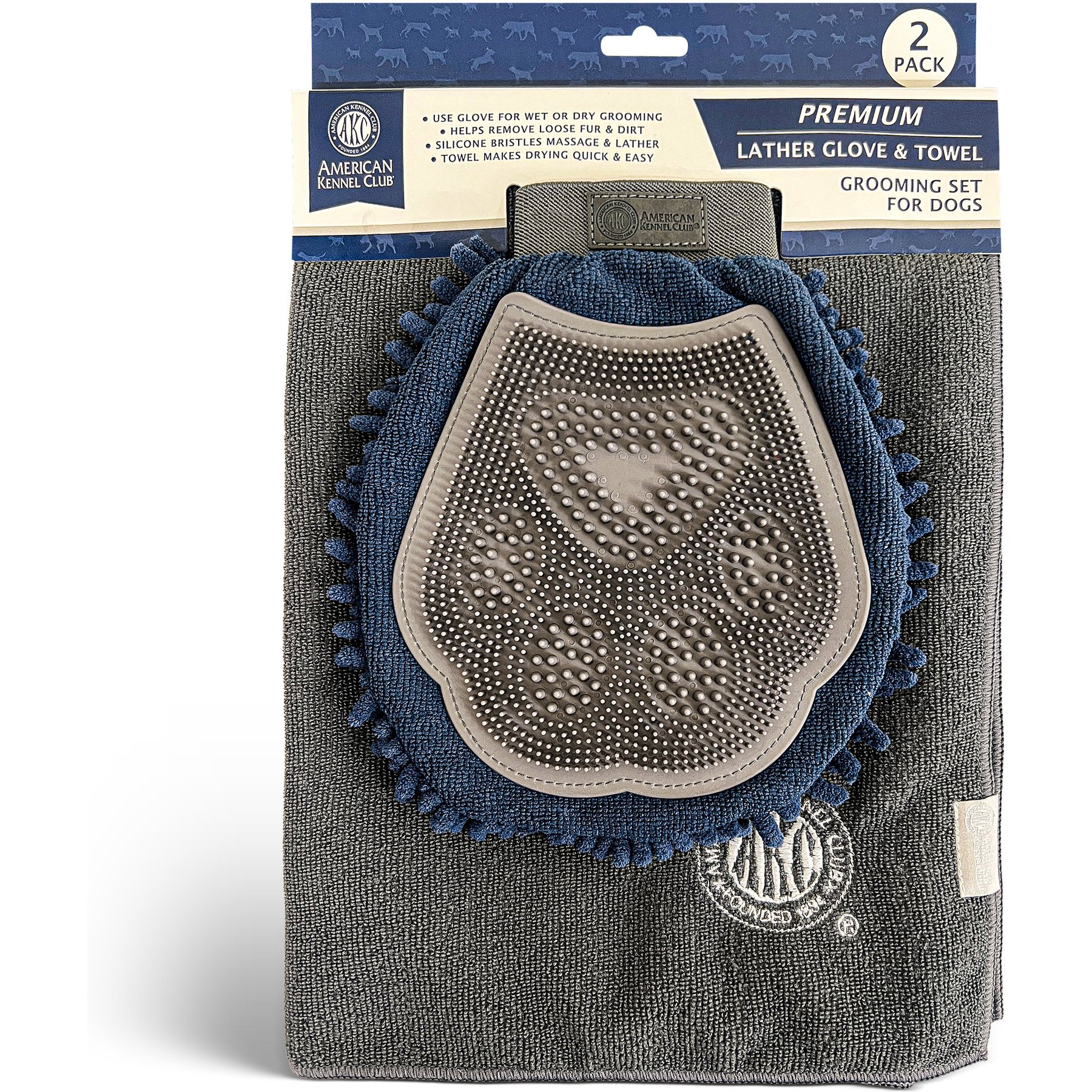 American Kennel Club 2-in-1 Dual-Sided Dog Grooming Glove with Silicone Bristles & Quick-Dry Towel