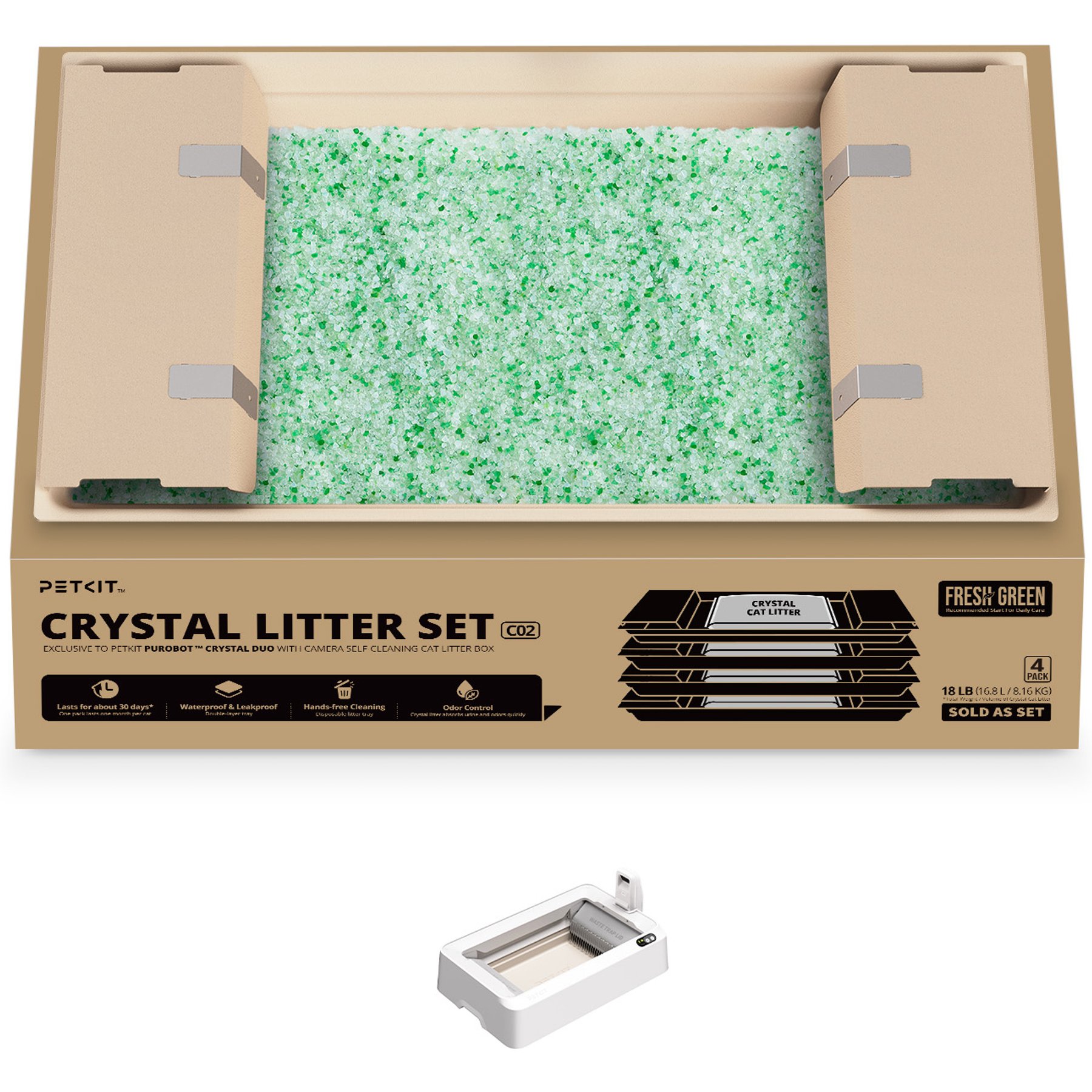 PETKIT Crystal Cat Litter, Fresh Green, 4.5-lb bag, case of 4