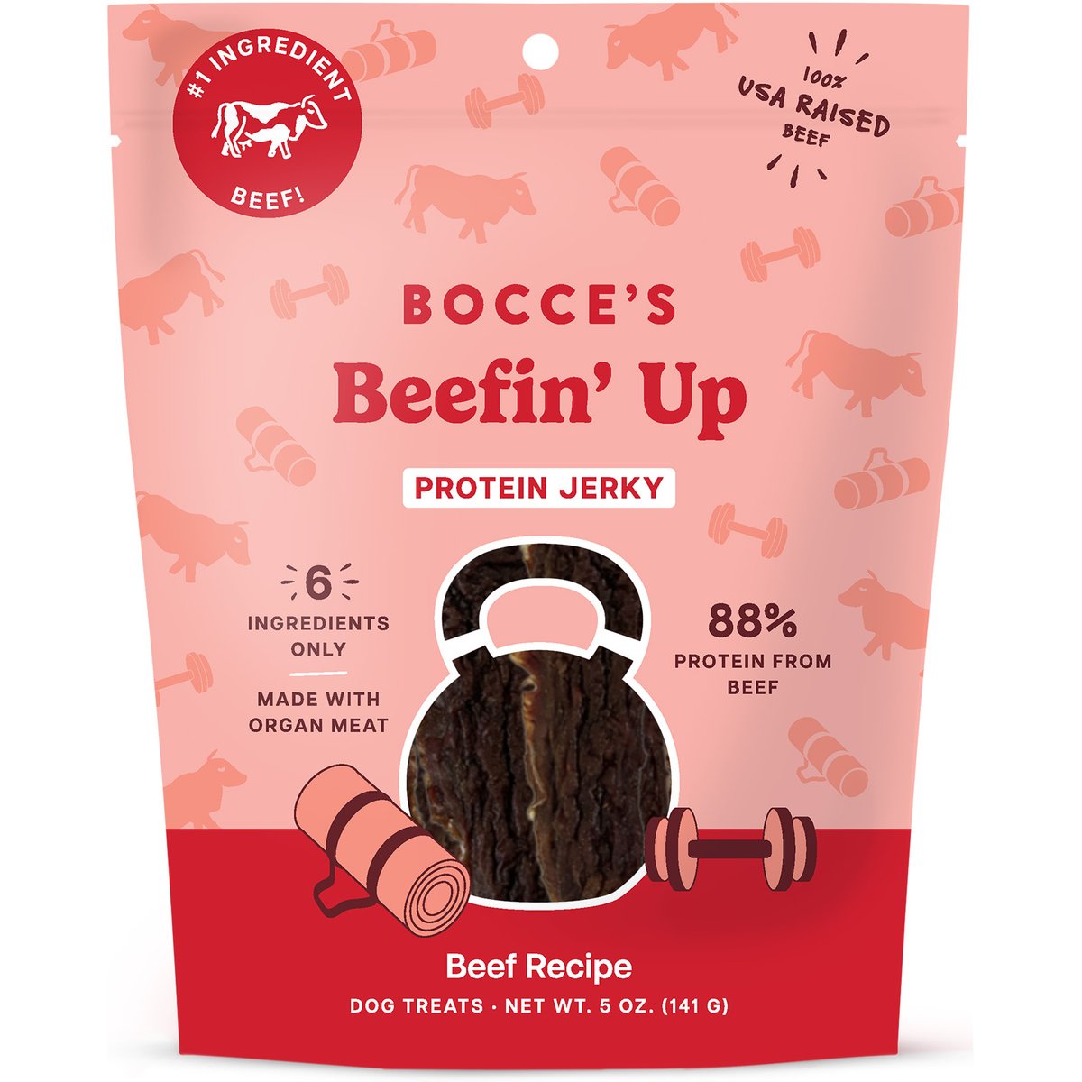 Bocce's Bakery Beefin’ Up Jerky Beef Natural Protein Cuts Dog Treats, 5-oz bag