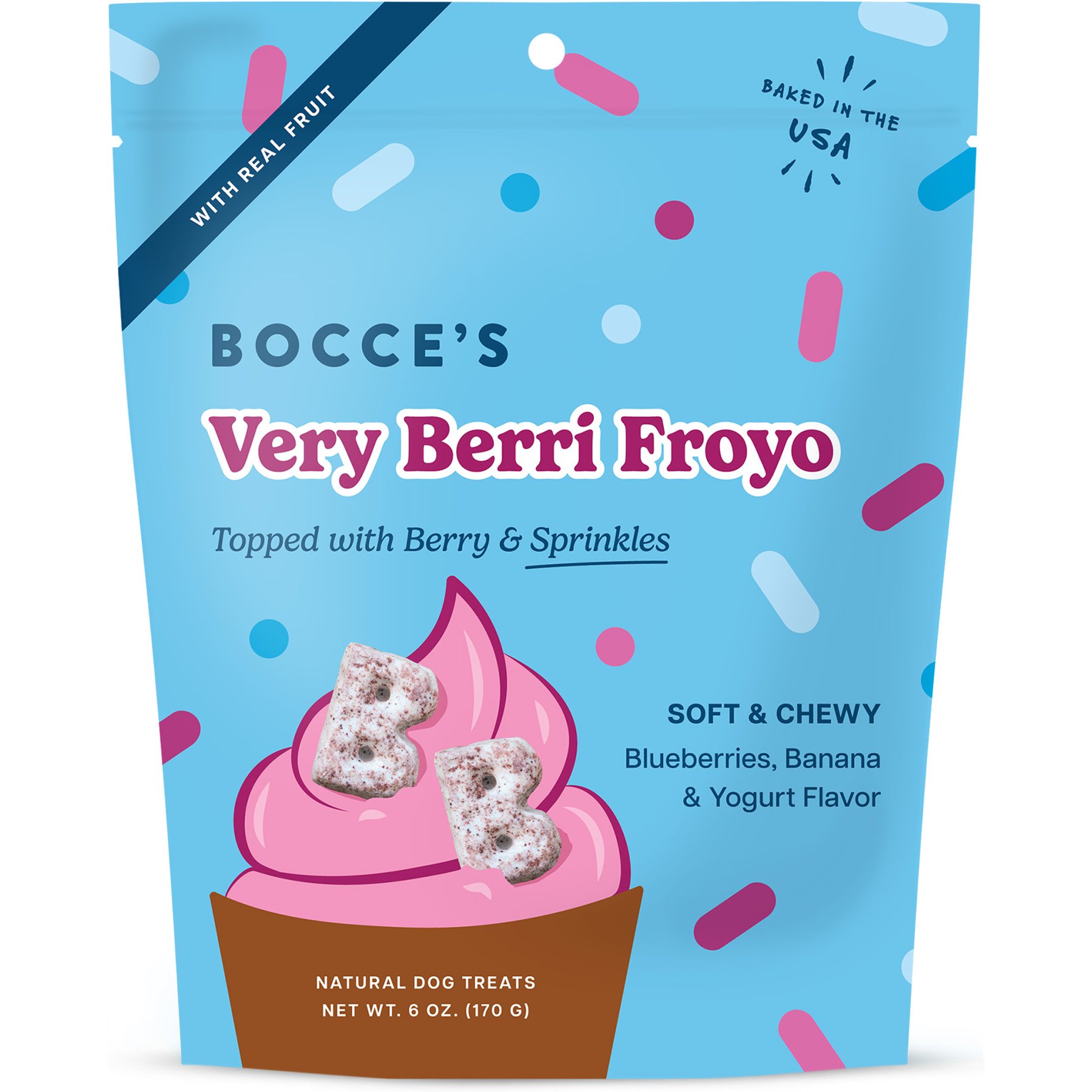 Bocce's Bakery All-Natural Very Berri Froyo Soft & Chewy Dog Treats with Topped Real Fruit & Sprinkles, 6-oz bag