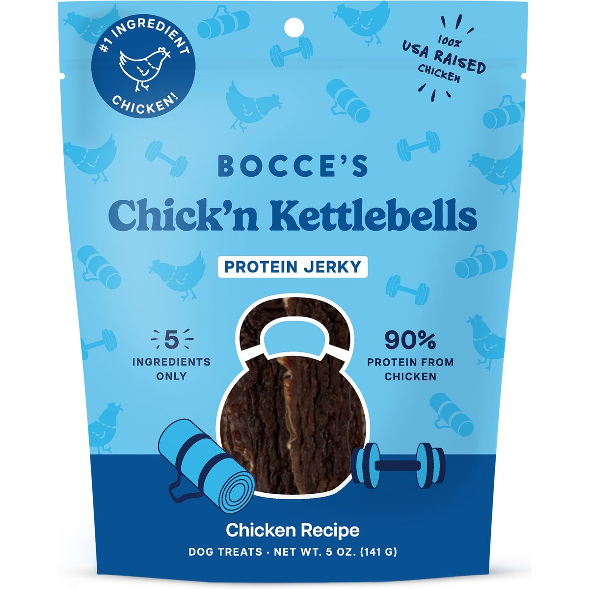 Bocce's Bakery Chick’n Kettlebells Jerky Chicken Protein Cut Dog Treats, 5-oz bag