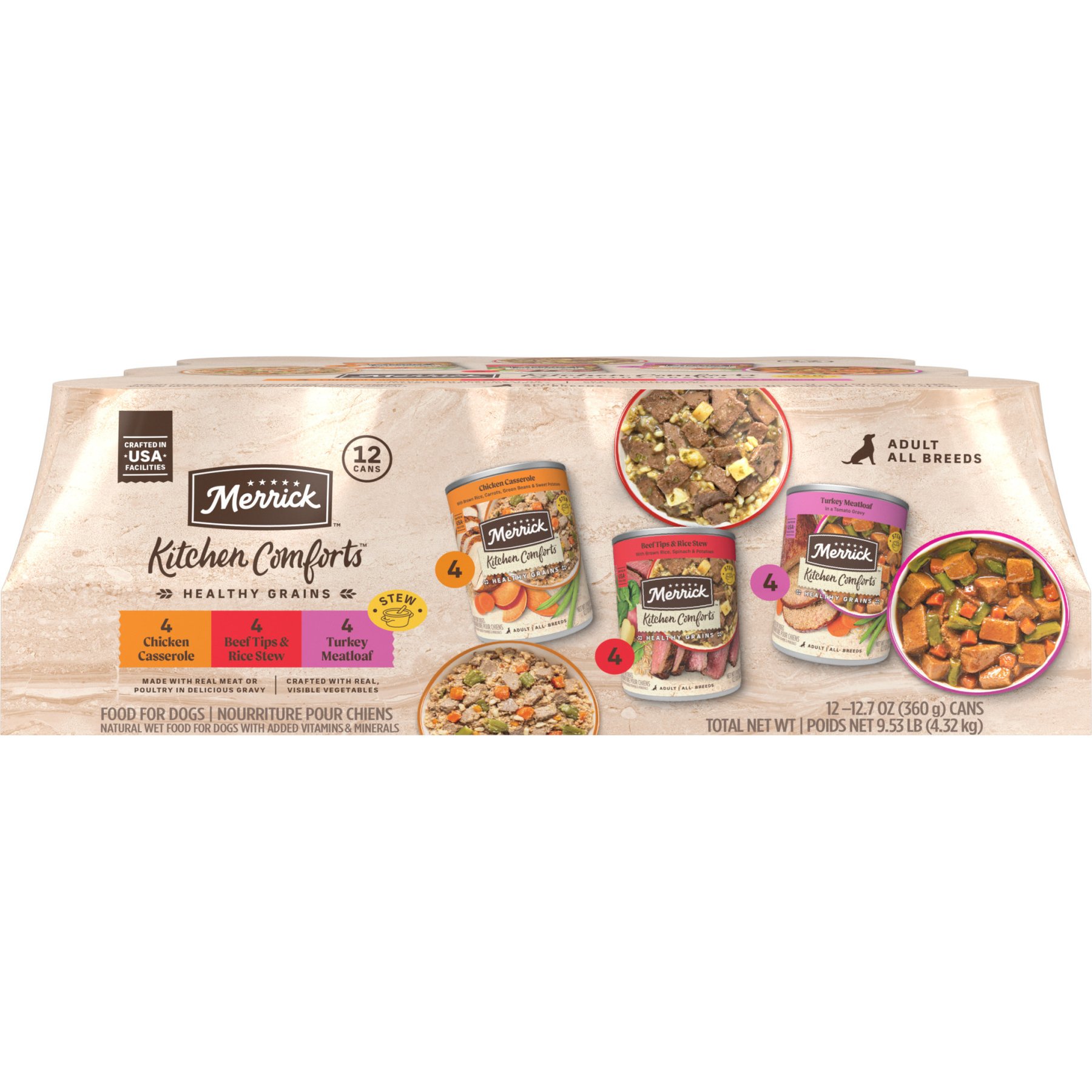 Merrick Kitchen Comforts Real Meat & Brown Rice with Grains Variety Pack Wet Dog Food, 12.7-oz can, case of 12