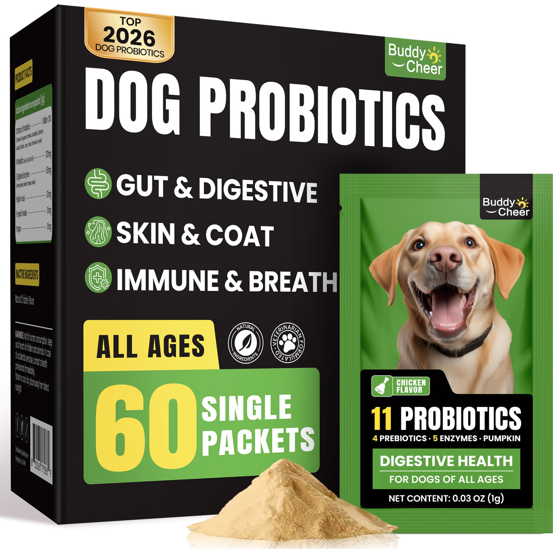 BuddyCheer Probiotic Chicken Flavored Powder Digestive Aid Supplement for Dogs, 2.12-oz jar