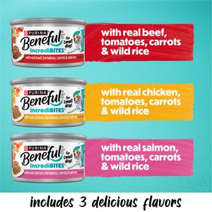 Purina Beneful IncrediBites Adult Variety Pack Chicken Beef & Salmon Small Breed Wet Dog Food, 3-oz can, case of 30
