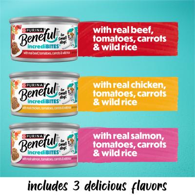Show full view: Purina Beneful IncrediBites Adult Variety Pack Chicken Beef & Salmon Small Breed Wet Dog Food, 3-oz can, case of 30 slide 6 of 11