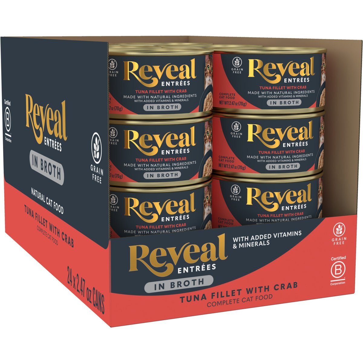 Reveal Entrees Tuna Fillet with Crab Grain-Free Bits in Broth Canned Wet Cat Food, 2.47-oz can, case of 24