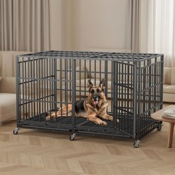 Fuzzy Bird Durable Escape-Proof Steel Three-Door Foldable Dog Cage with Wheels & Removable Tray, Black, Giant: 78-in