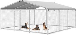 Fuzzy Bird Heavy-Duty Outdoor Galvanized Square Fence Dog Kennel with Waterproof Cover & Safety Lock, Silver, 183-in