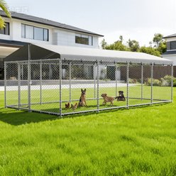 Fuzzy Bird Heavy-Duty Outdoor Galvanized Square Fence Dog Kennel with Waterproof Cover & Safety Lock, Silver, Large: 240-in
