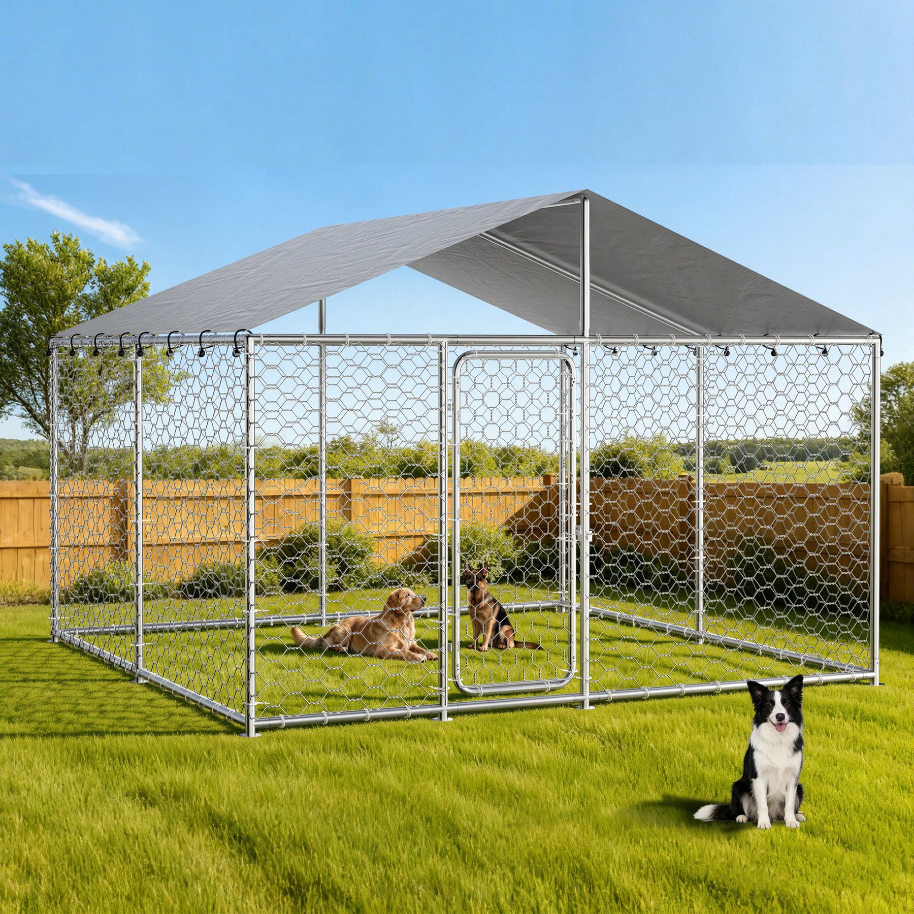 Fuzzy Bird Heavy-Duty Outdoor Galvanized Square Fence Dog Kennel with Waterproof Cover & Safety Lock, Silver, Medium: 120-in